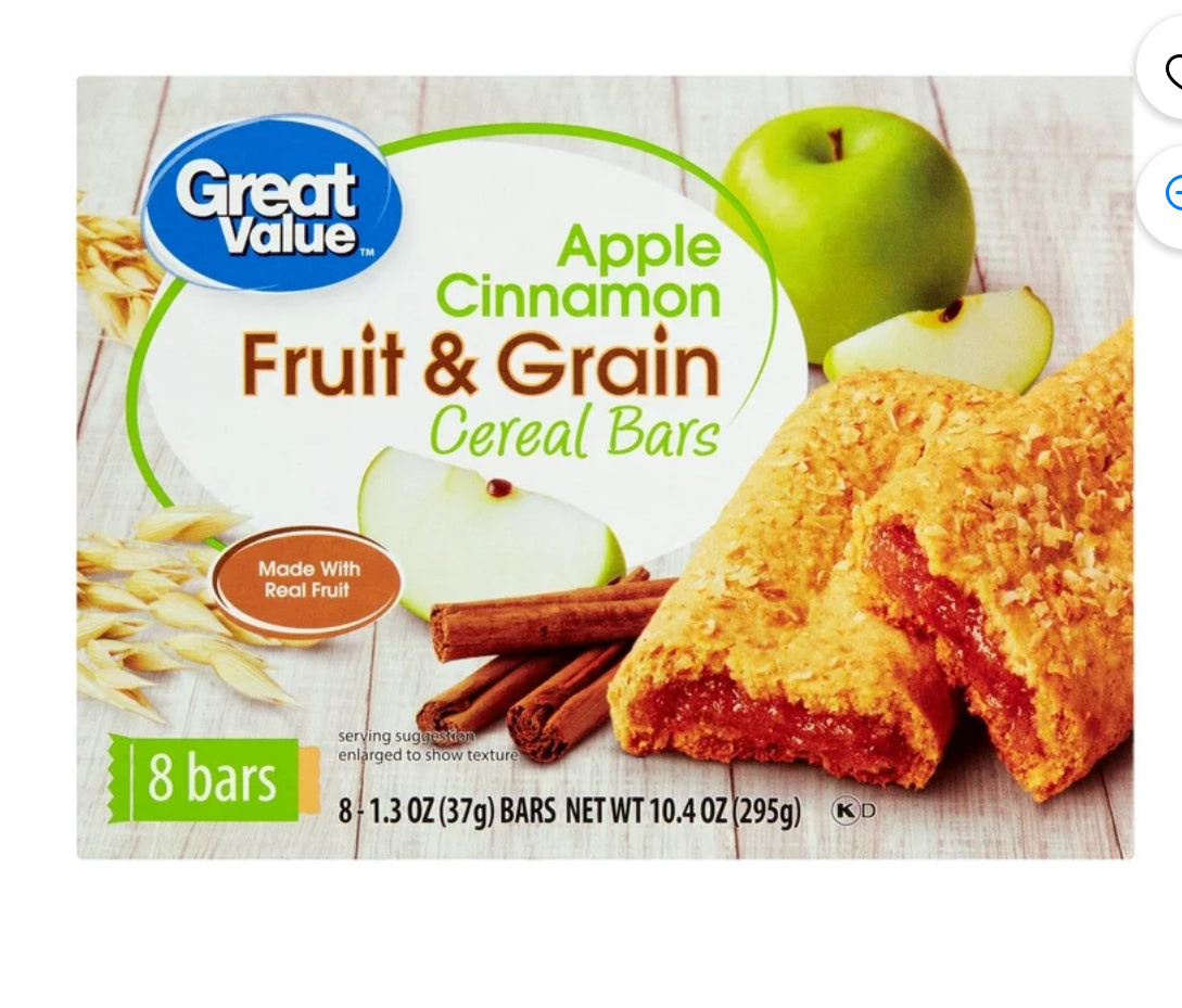 Great Value Fruit & Grain Cereal Bars Apple Cinnamon, 10.4 oz, 8 Count
