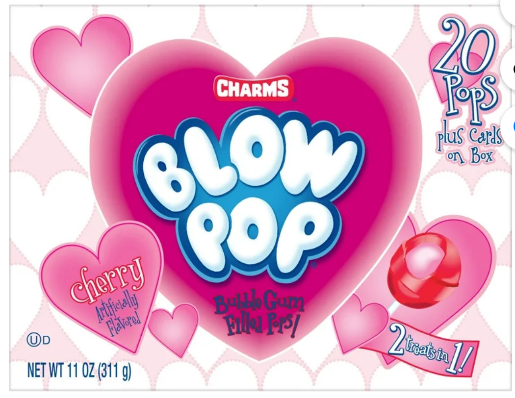 Charm's Blow Pops Valentine's Day Box, 20 Unidades, Piruletas de Cereza