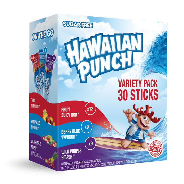 Hawaiian Punch Powder Drink Mix , Variety Pack, Fruit Juicy Red, Berry Blue Typhoon, Wild Purple Smash, 30ct, On the Go packets, Sugar Free