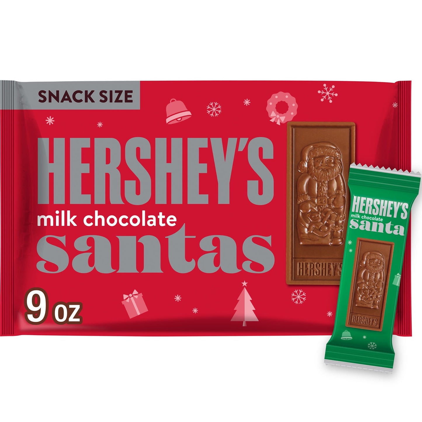 HERSHEY'S, Barras de Chocolate con Leche Santas, Tamaño Snack, Festivo, 9 oz, Bolsa