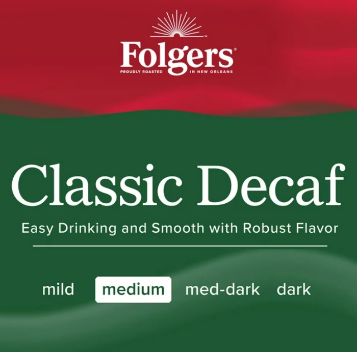 Folgers Decaf Coffee, Ground Coffee, Classic Medium Roast, 9.6 Ounce Canister