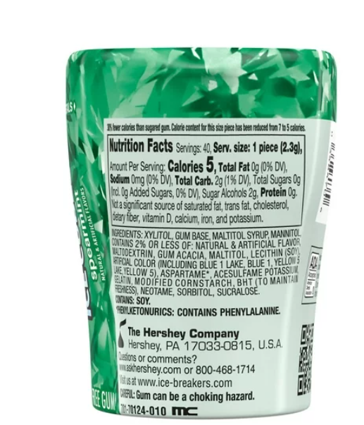 Ice Breakers Ice Cubes Sugar Free Chewing Gum, Bottle 3.24 oz, 40 Pieces