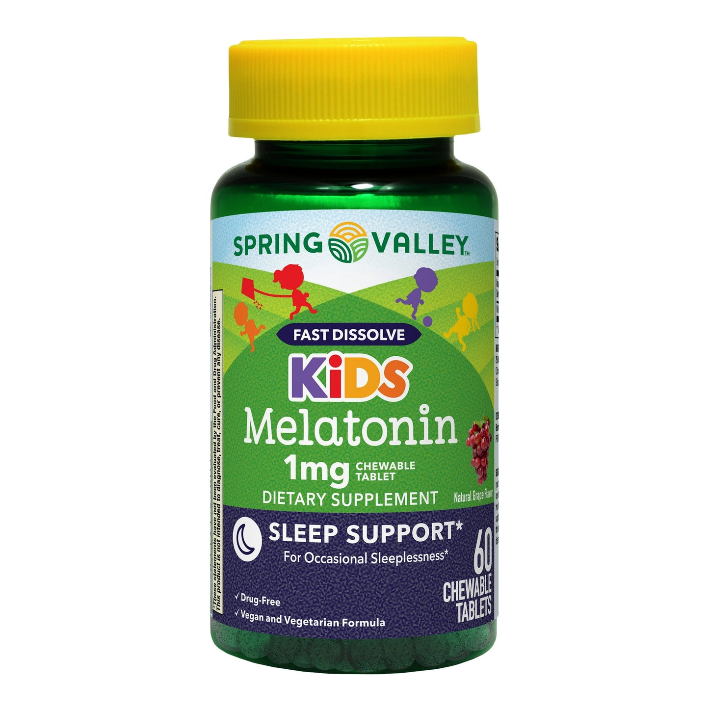 Spring Valley Tabletas Masticables de Melatonina para Niños Suplemento Dietético, Sabor a Uva, 1 mg, 60 Unidades