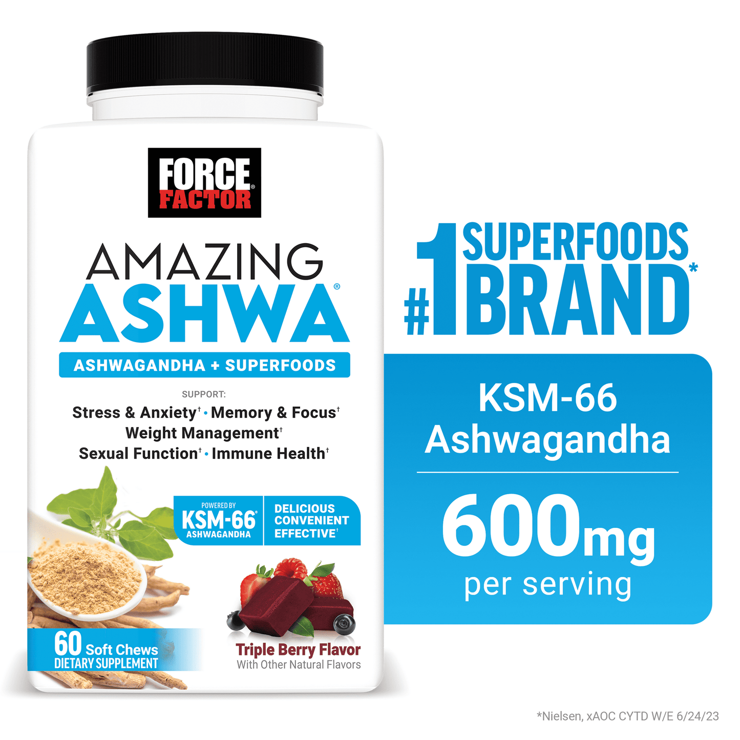 Amazing Ashwa, Alternativa a las Gomitas de Ashwagandha, Suplemento de Ashwagandha KSM-66, Triple Baya, 60 Masticables, de Force Factor