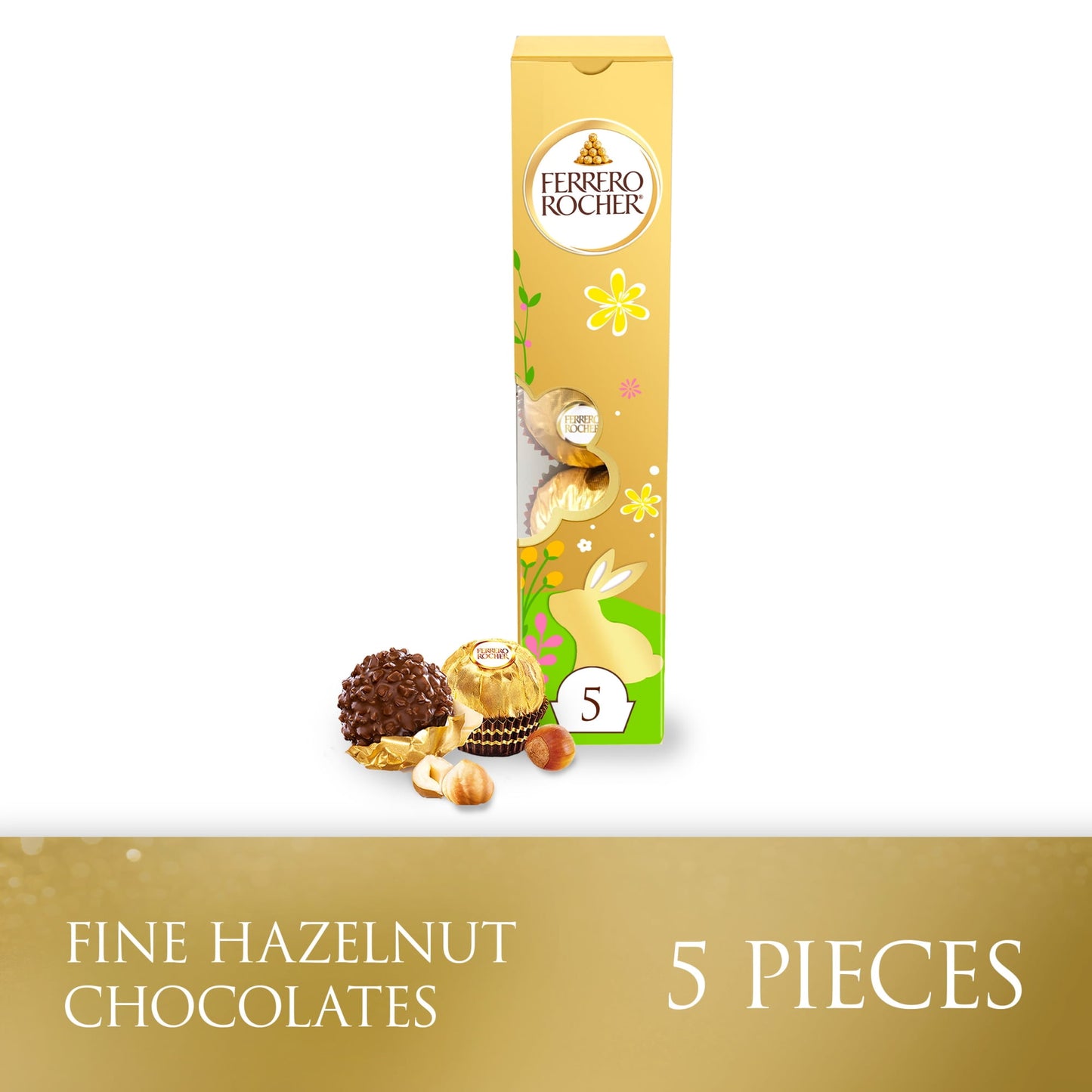 Ferrero Rocher Caja de Regalo de Pascua con Chocolates Finos de Avellana 5 Chocolates Envueltos Individualmente, Perfecta para Cestas de Pascua, 2.2 oz