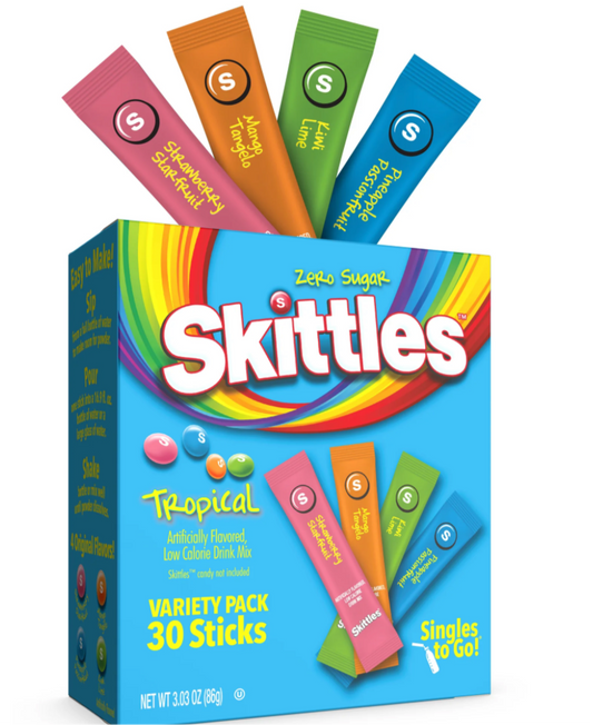 Skittles Paquete Variado sin Azúcar, para Llevar, en Polvo Drink Mix, Tropical, 30 Sobres