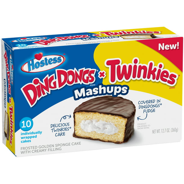 Hostess Ding Dong Twinkie Mash-Up 12.7oz 10 count. Frosted Golden Sponge Cake with Creamy Filling - LOOP MX