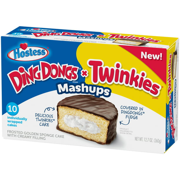 Hostess Ding Dong Twinkie Mash-Up 12.7oz 10 count. Frosted Golden Sponge Cake with Creamy Filling - LOOP MX