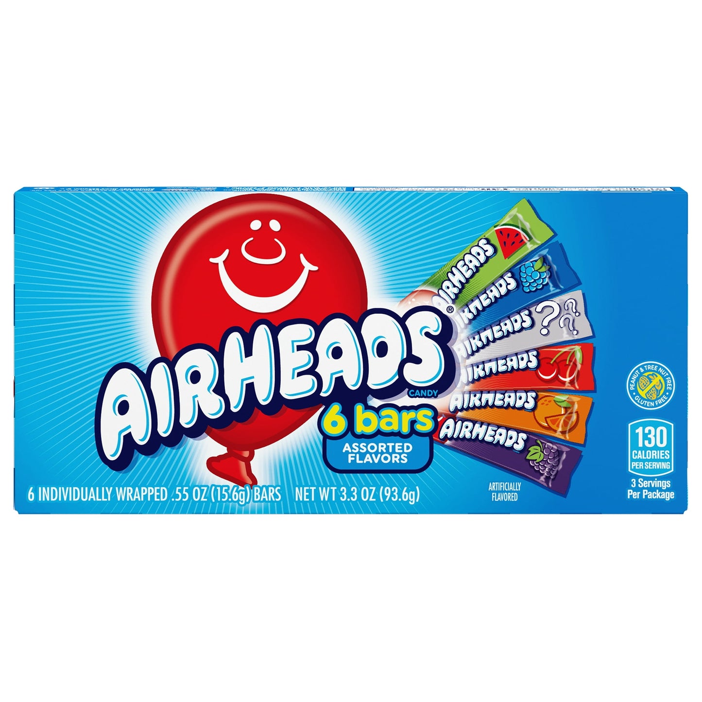 Airheads Barras de Caramelo Masticables de Sabores Variados 3.3 oz, Caja de 6 Unidades