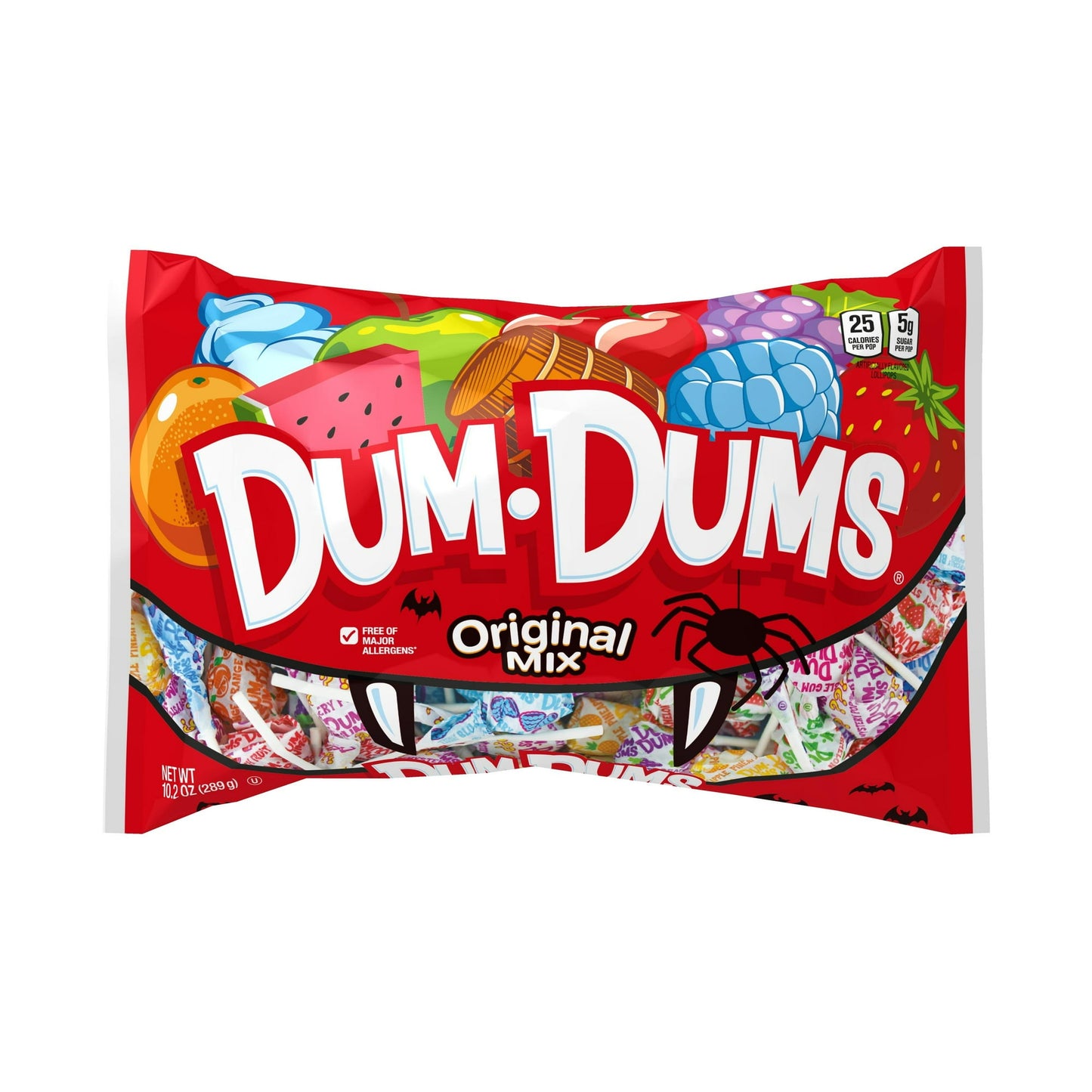 Dum Dums Original Mezcla de Dulces de Halloween, Piruletas y Chupetes, Dulces Duros para Fiestas, Bolsa de 10.2 oz