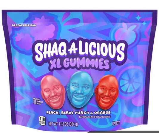 Bolsa de Gomitas SHAQ-A-LICIOUS (Sabores de Melocotón, Naranja y Ponche de Bayas