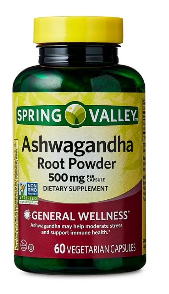 Spring Valley Polvo de Raíz de Ashwagandha Suplemento Dietético de Bienestar General Cápsulas Vegetarianas, 500 mg, 60 Unidades