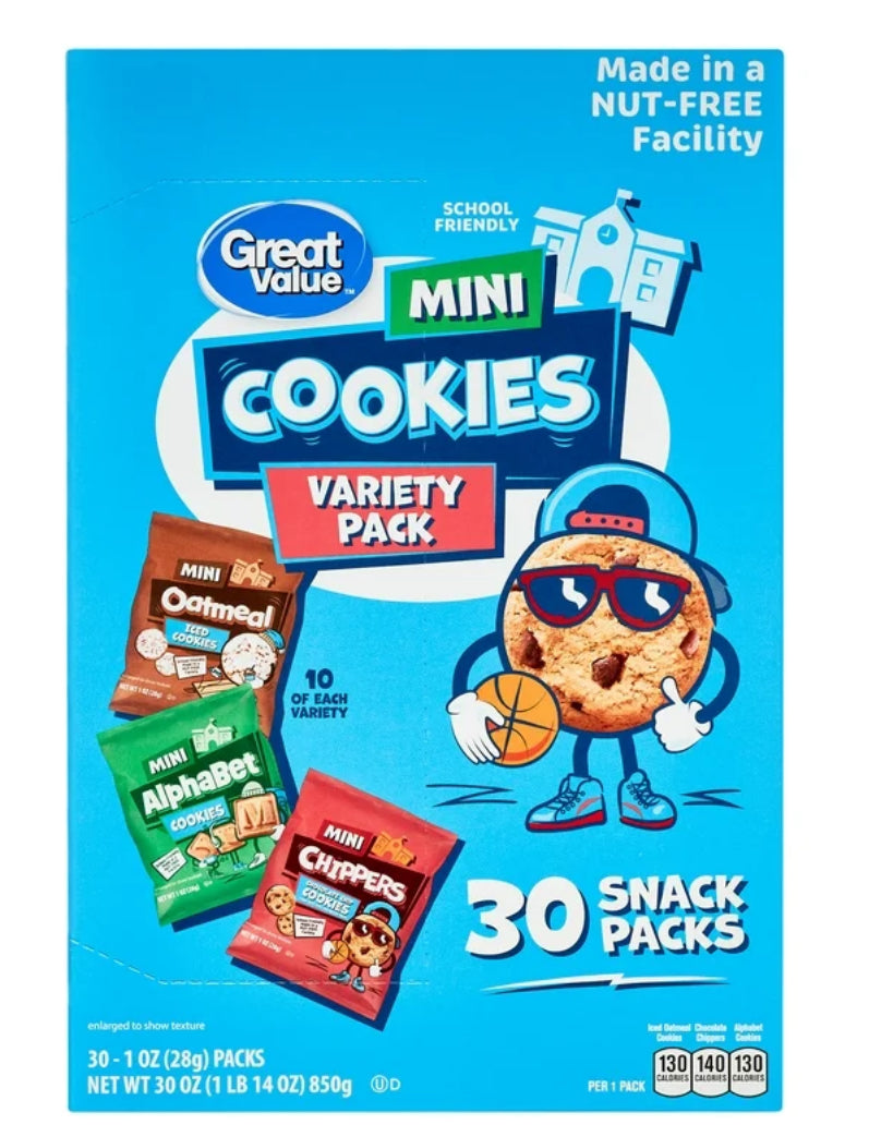 Great Value
Great Value Mini Alphabet, Chippers & Oatmeal Cookies individual
