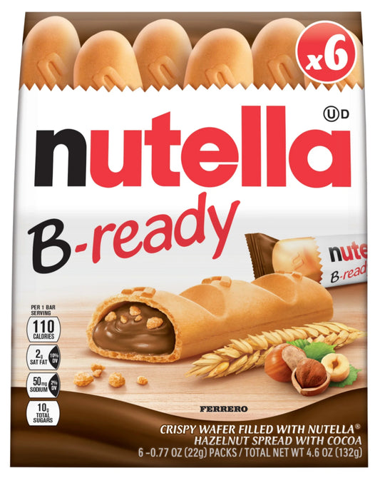 B-ready Nutella Crema de Avellanas con Cacao, Pack Snack Bar, 6 Barritas Envueltas Individualmente