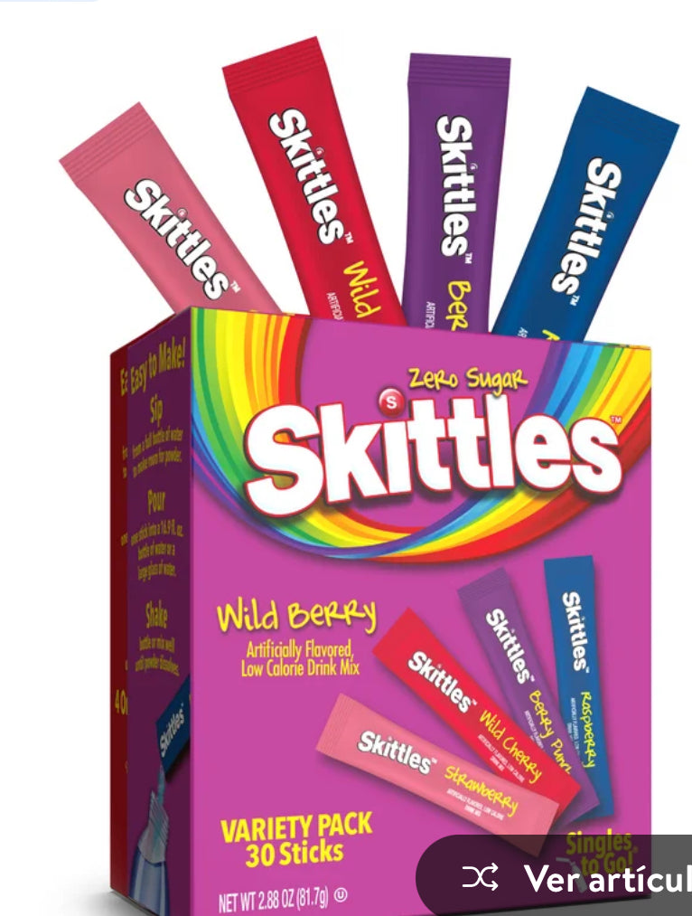 Skittles Zero Sugar Packs Individuales para Llevar de Bayas Silvestres, Mezcla de Bebida en Polvo, 2.88 oz, Packs de 30 Unidades