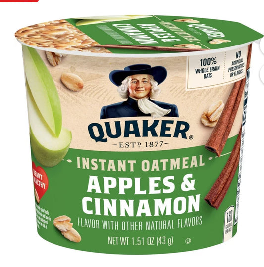 Quaker Instant Oatmeal, Apple Cinnamon, Quick Cook Oatmeal, 1.5oz Cup