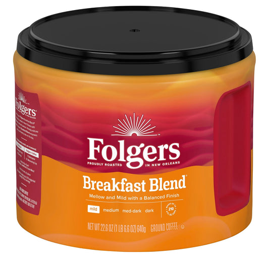 Folgers Breakfast Blend Ground Coffee, Smooth & Mild Coffee, 22.6 Ounce Canister