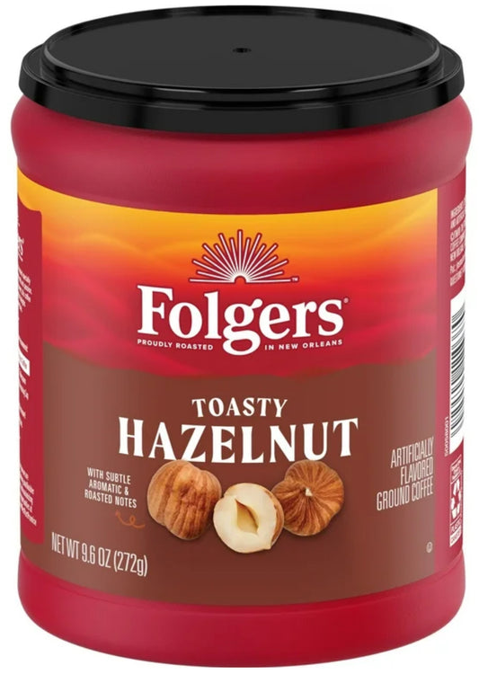 Folgers Café Molido con Sabor Artificial a Avellana Tostada, Bote de 9.6 oz