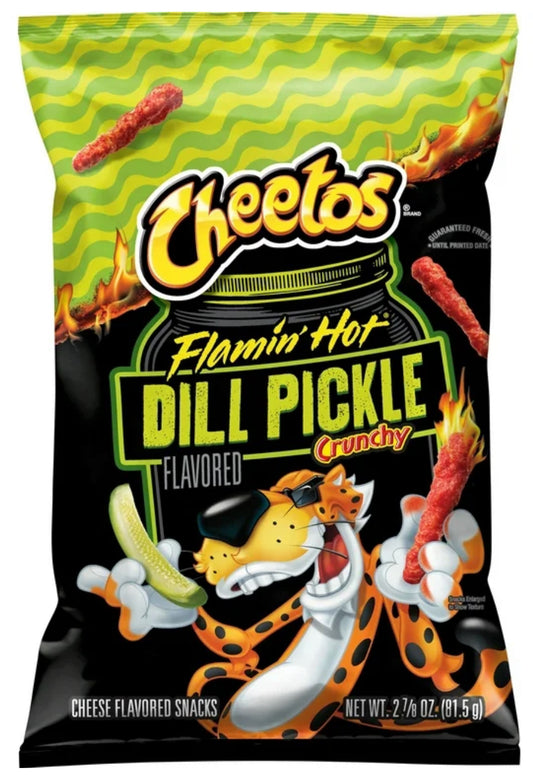 Cheetos Snacks Crujientes de Queso Flamin' Hot con Sabor a Pepinillo en Vinagre, Bolsa de 2.875 oz