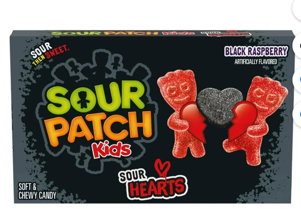 SOUR PATCH KIDS SOUR Hearts Caramelo Suave y Masticable de Frambuesa Negra, Caramelo Valentines, 3.08 oz
