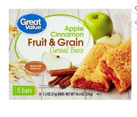 Great Value Fruit & Grain Cereal Bars Apple Cinnamon, 10.4 oz, 8 Count