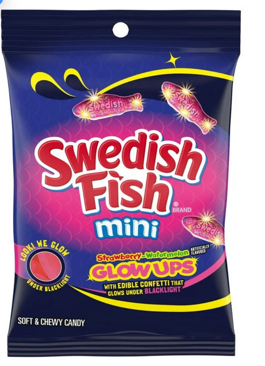 SWEDISH FISH Mini Glitter Ups Caramelo Suave y Masticable de Fresa y Sandía, 6.7 oz