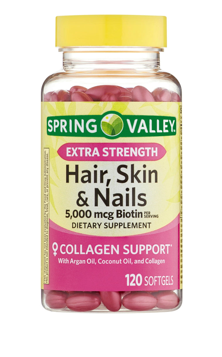 Spring Valley Hair, Skin & Nails Dietary Supplement Softgels, 5,000 Mcg Biotin, 120 Ct