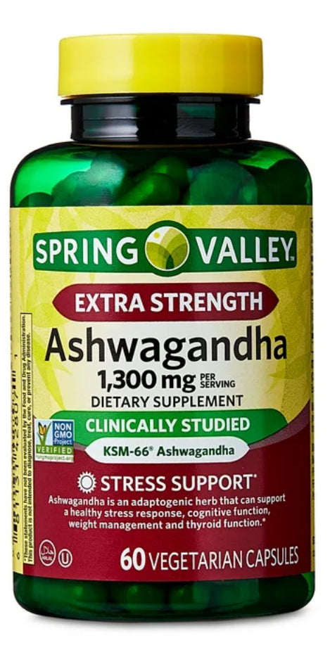 Spring Valley Suplemento Dietético de Ashwagandha de Potencia Extra 1300 mg, 60 Cápsulas Vegetarianas