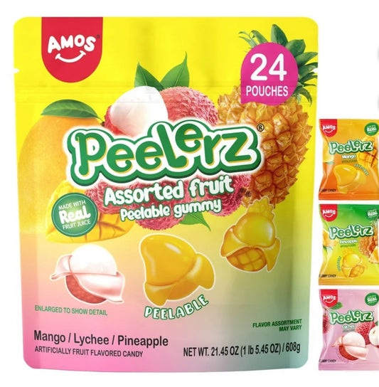 Amos Paquete Surtido de Caramelos Gummy con Mango, Lichi, Piña, 24 Packs para Compartir - 21.45oz