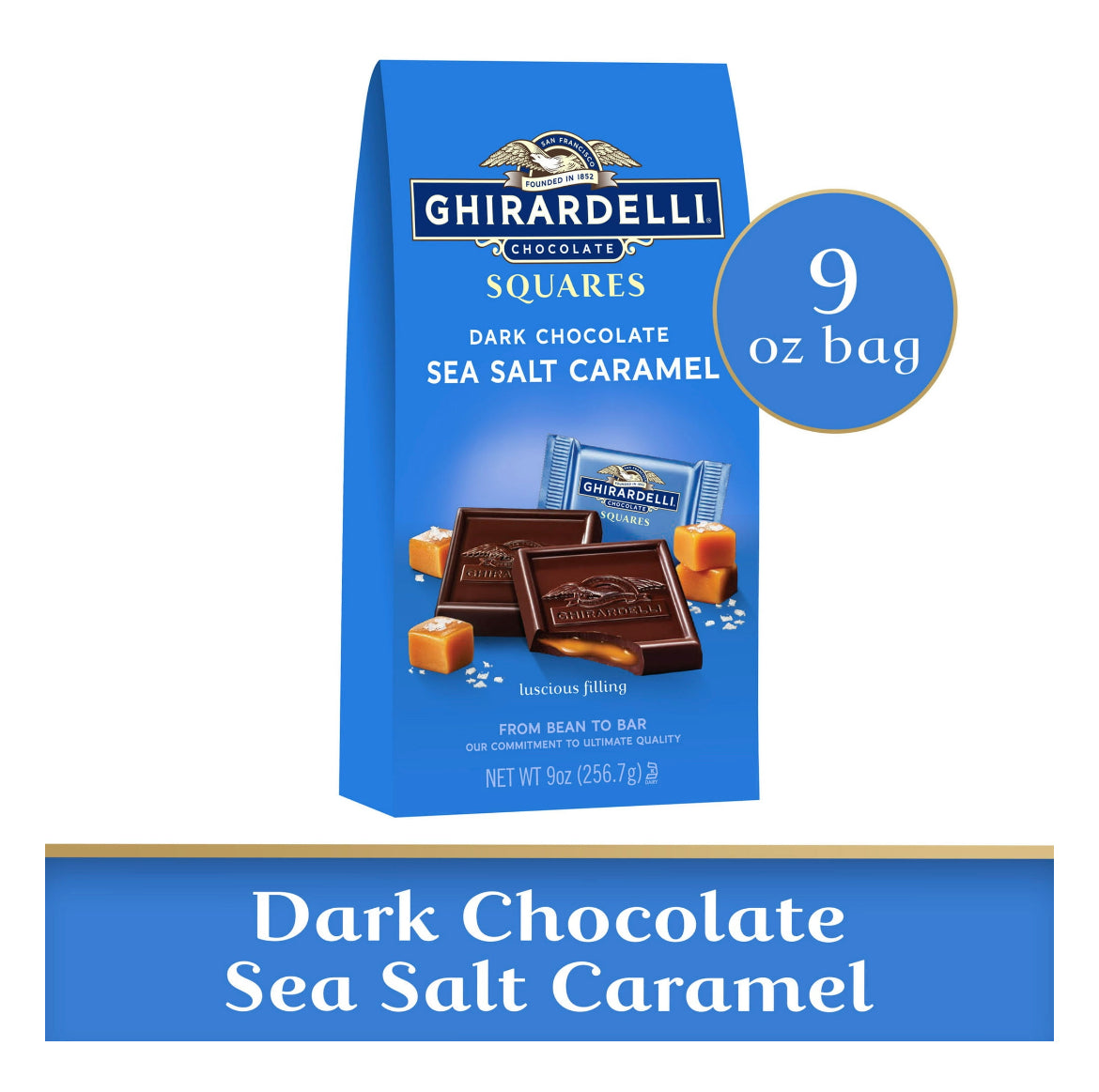 GHIRARDELLI Dark Chocolate Sea Salt Caramel Squares for Valentine’s Day Candy Gifts, 9 oz Bag