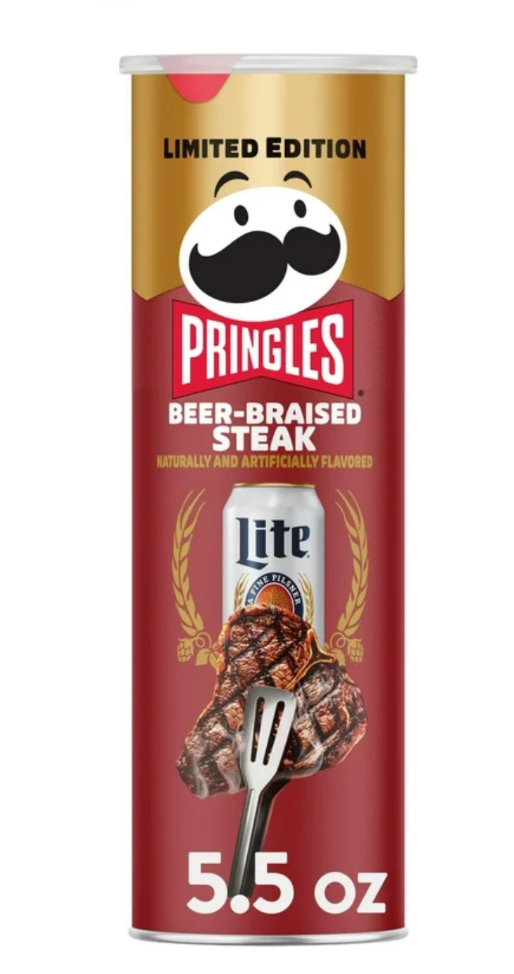 Pringles Miller Lite Beer-Braised Steak Potato Crisps Chips, Lunch Snacks, 5.5 oz Canister