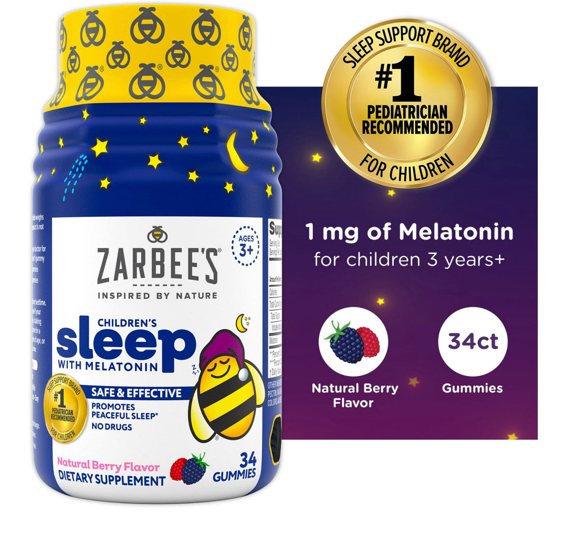 Zarbee’s Kids Sleep 1mg Melatonin Gummies, Non-Habit Forming, Berry, 34ct