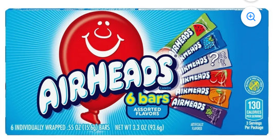 Airheads Caja de Teatro de Barras de Caramelo Masticable, Sabores Surtidos, Paquete de 6
