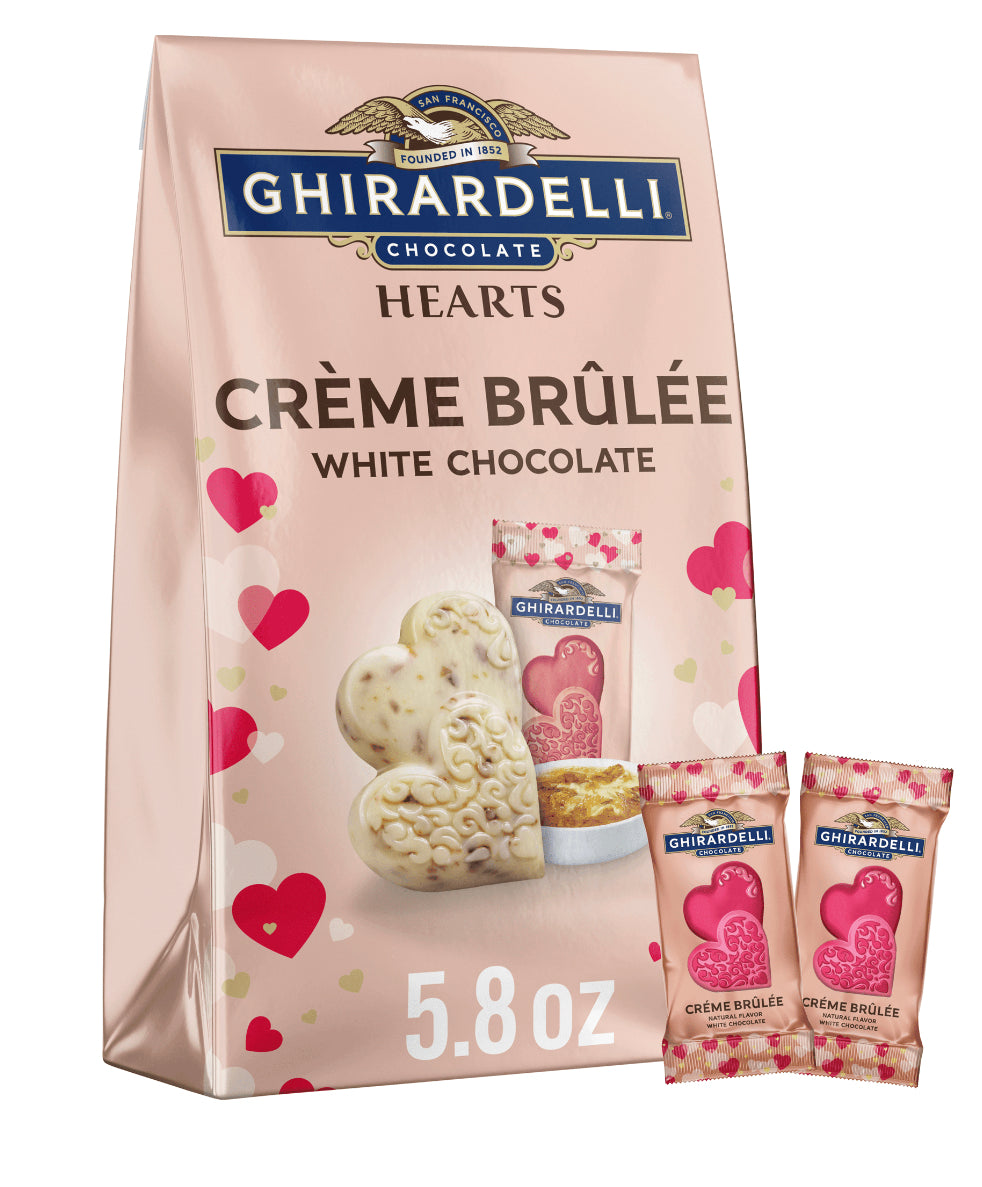 Ghirardelli White Chocolate Creme Brulee Duet Hearts, Chocolate Hearts for Valentines, 5.8 OZ Bag