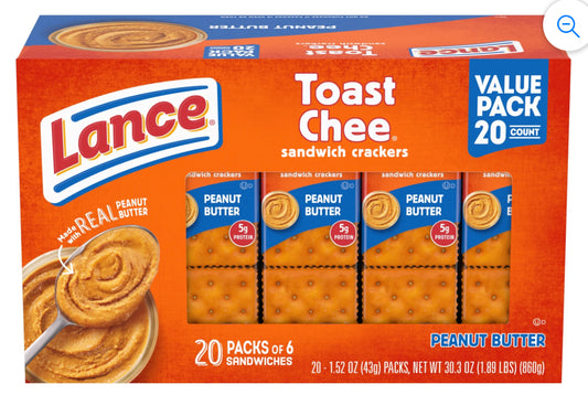 Lance Sandwich Crackers, ToastChee Peanut Butter, 20 Individually Wrapped Packs, 6 Sandwiches Each