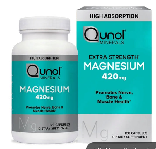 Qunol Cápsulas de Magnesio (120 Unidades), Alta Absorción, 420 Mg, Suplemento Extra Fuerte para la Salud de Huesos, Nervios y Músculos