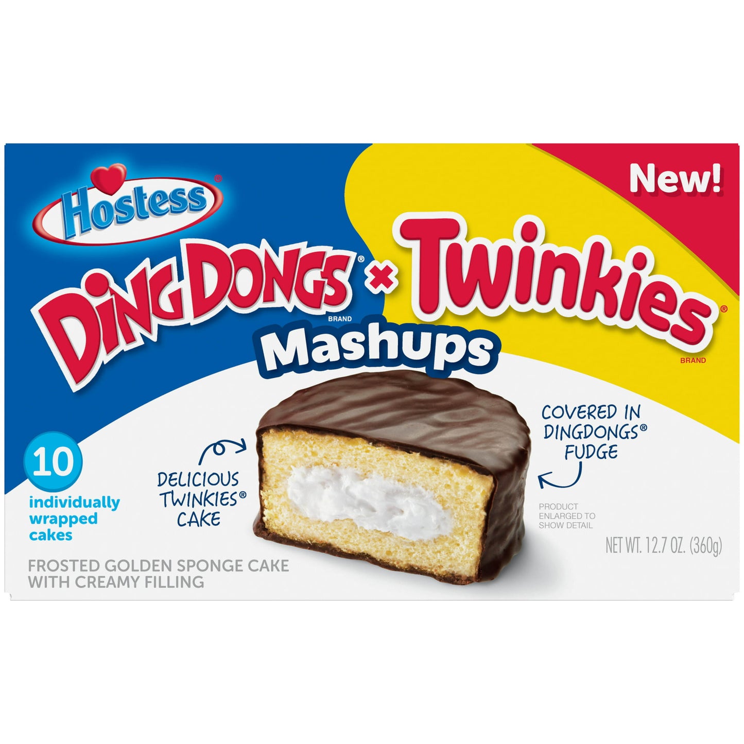 Hostess Ding Dong Twinkie Mash-Up 12.7oz 10 count. Frosted Golden Sponge Cake with Creamy Filling - LOOP MX