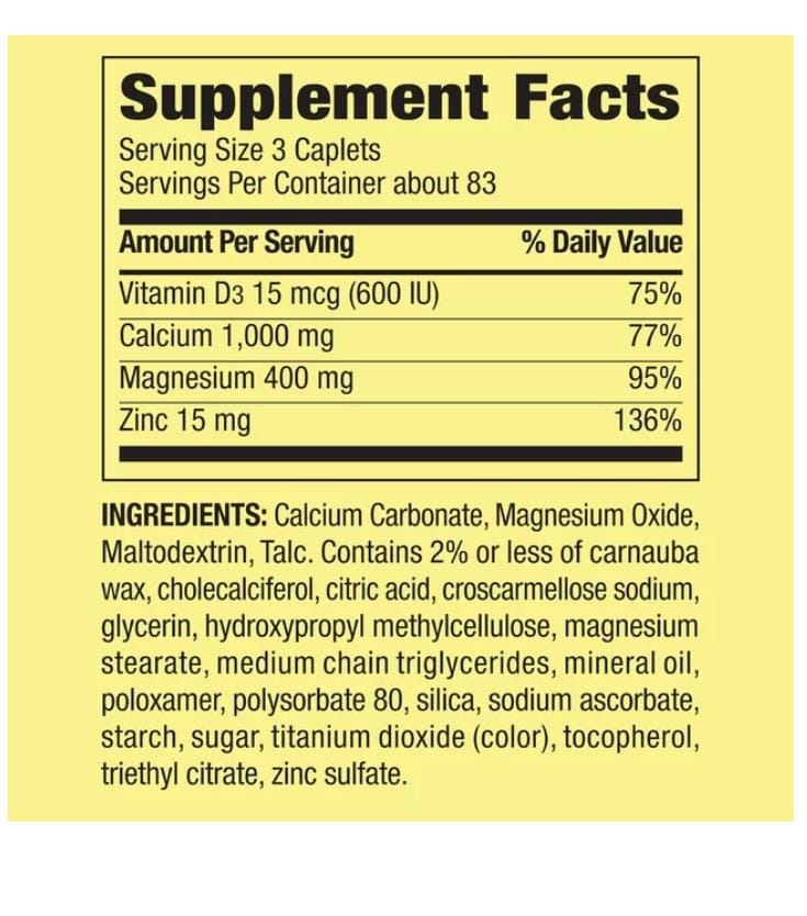 Spring Valley Calcium, Magnesium & Zinc Plus Vitamin D3 Coated Caplets, 250 Count