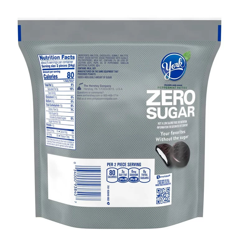 York Zero Sugar Chocolate Peppermint Patties Candy, Bag 5.1 oz