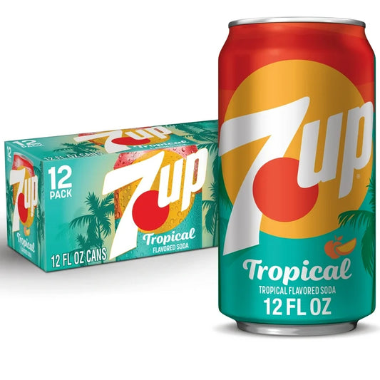 7UP Tropical Refresco de Melocotón, Mango, Lima y Limón sin Cafeína, 12 fl oz, Paquete de 12 Latas