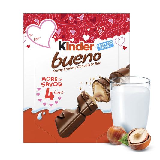 KINDER Bueno, Barra de Chocolate Cremosa y Crujiente con Gráficos de Corazón 4 Barras - 3oz / 86g - T4