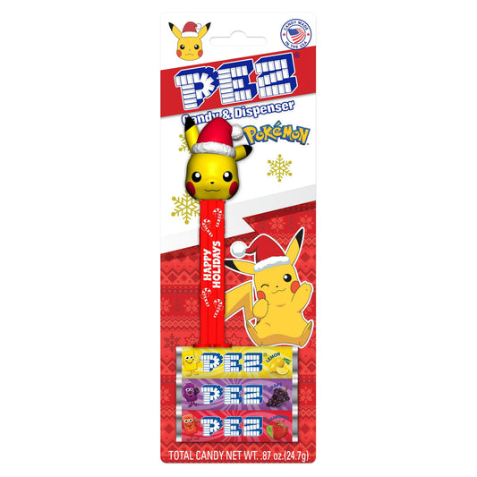 PEZ Candy Christmas Pikachu con Sombrero de Papá Noel Rojo, 1 Dispensador de Dulces Más 3 Rollos de Dulces Surtidos, 1 Unidad, 0.87 oz
