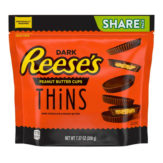 Reese's, THINS Dark Chocolate Peanut Butter Cups Candy, Individually Wrapped, 7.37 oz, Share Bag - LOOP MX