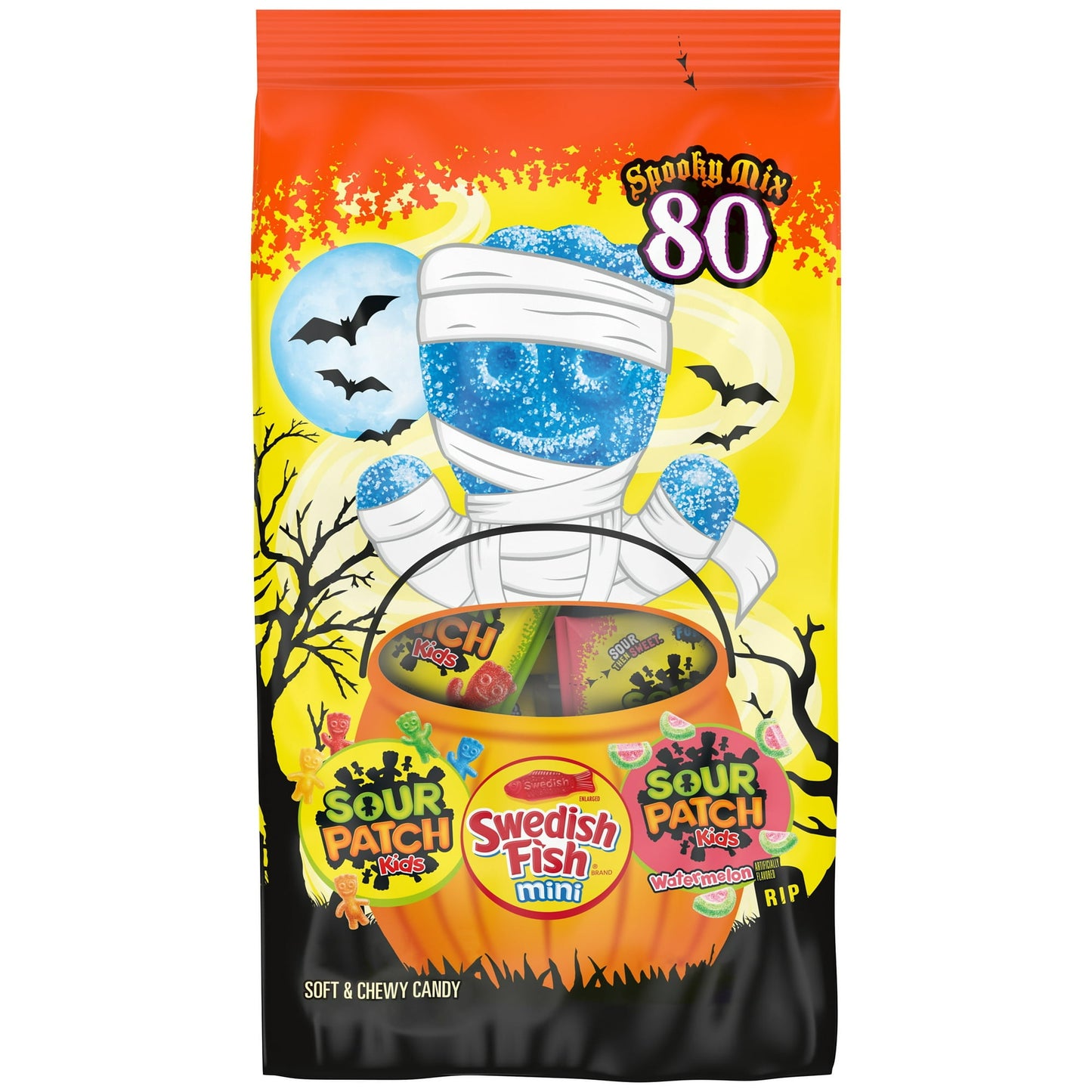 SOUR PATCH KIDS & SWEDISH FISH Mini Bolsa Variado de Dulces Halloween, 80 Bolsas de Truco O Trato