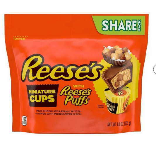 Reese's Miniatures, Cups Candy, Share Pack Milk Chocolate Peanut Butter Reese's Puffs Cereal9.6oz Pack of 2