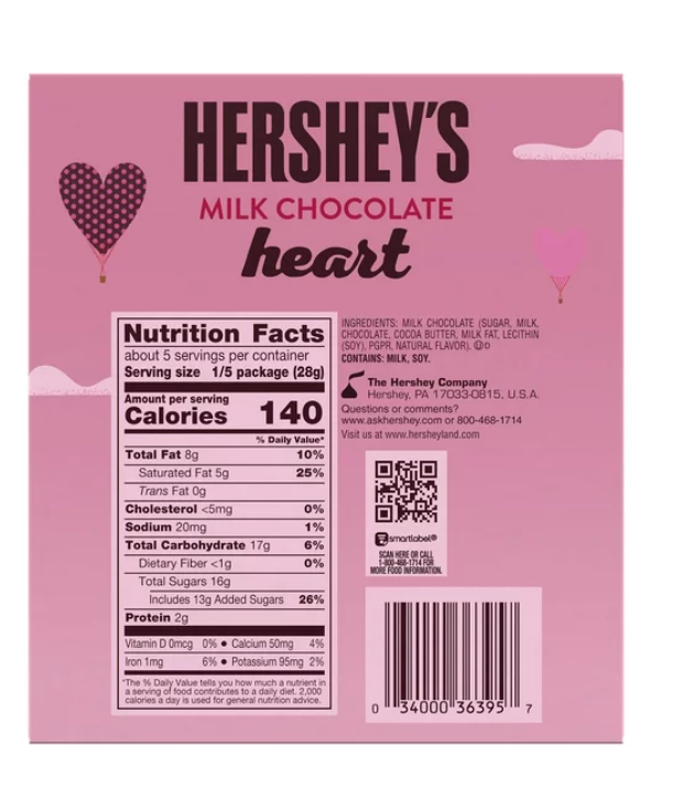 Hershey's Milk Chocolate Heart Valentine's Day Candy, Gift Box 5 oz
