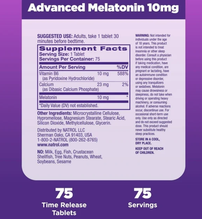 Natrol Melatonin Advanced Sleep Aid Time Release Tablets, Drug-Free, 10mg, 75 Count