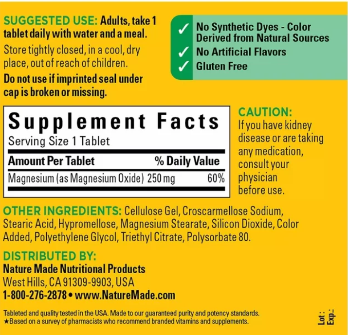 Nature Made Magnesium Oxide 250 mg Tablets, Dietary Supplement, 300 Count