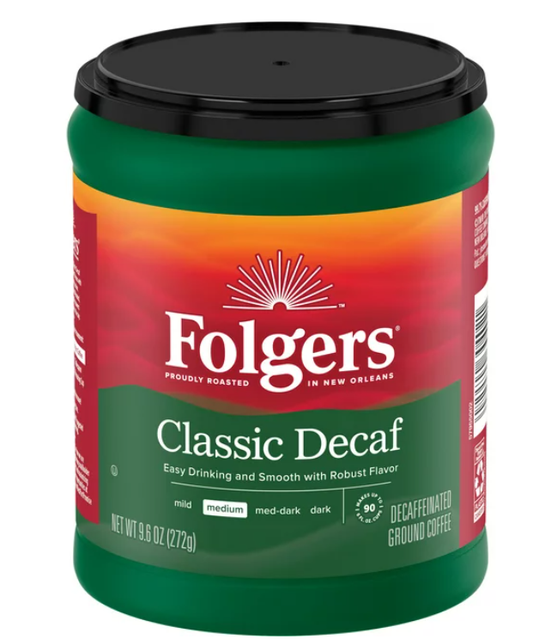 Folgers Decaf Coffee, Ground Coffee, Classic Medium Roast, 9.6 Ounce Canister