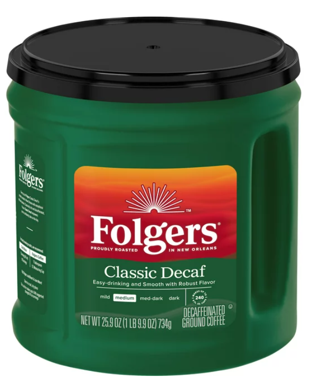 Folgers
Folgers Classic Decaf Ground Coffee, Medium Roast, 25.9-Ounce Canister